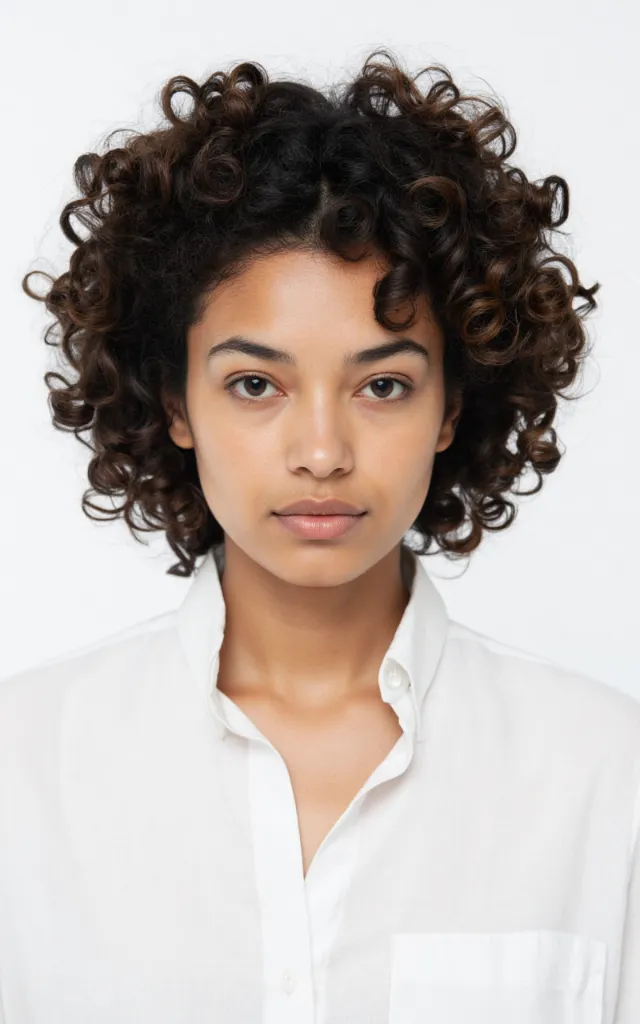 A French female model with Spiral curls, wearing a shirt, against a white background, in a front   facing bust portrait